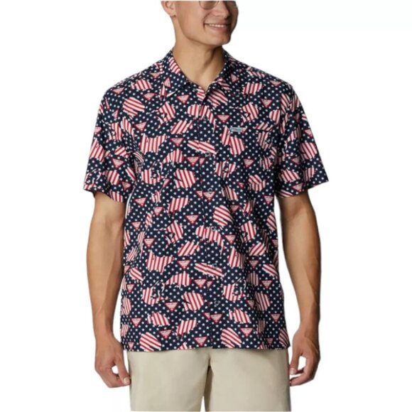 Columbia PFG Trollers Best S/S Shirt Mens Size XLT Vented USA Flag Patriotic NWT - Picture 1 of 9